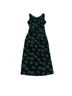 Vintage Dark Green Leaf Pattern Belted Midi Dress Fits Like A XXS-XS Prairie